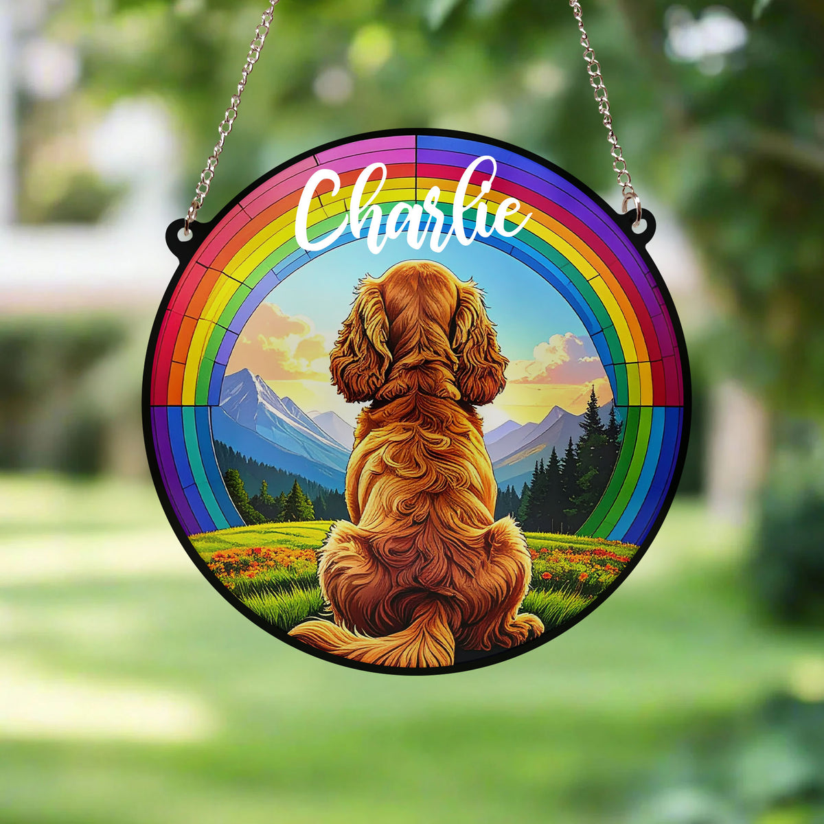 Cocker Spaniel Golden Rainbow Bridge Personalised Stained Glass Effect ...